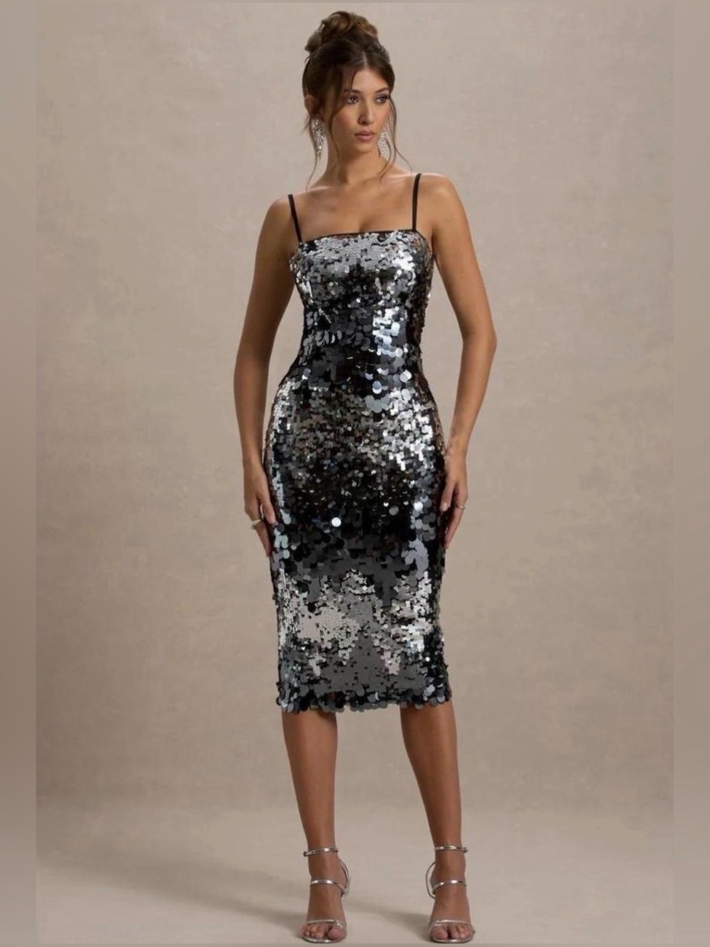 AVEC LES FILLES 6 Silver Sequin Slip Dress Mid Party Cocktail Disco Glam Sparkle